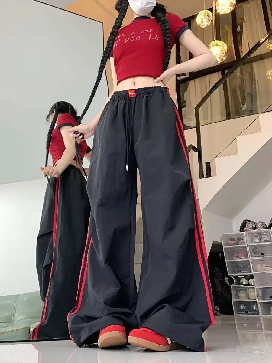 

Qui Dry American Contrast Stripe Work Pants Men's Summer Thin Sle Loose Wide Leg Sport Casual Floor Length Trousers