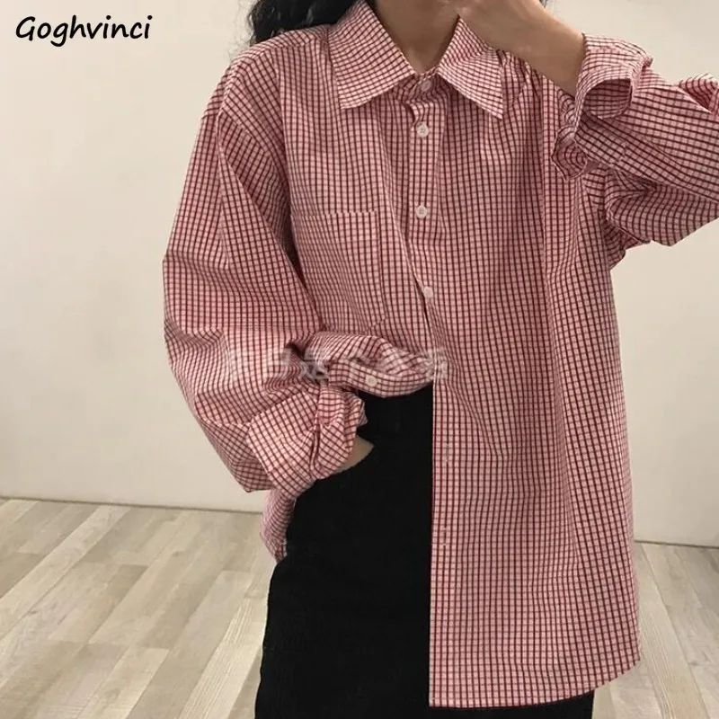 Ins Plaid Shirts Women Red Blue Long Sleeve Students All-match Simple Ulzzang Loose Spring Summer Chic Streetwear Mujer Fashion