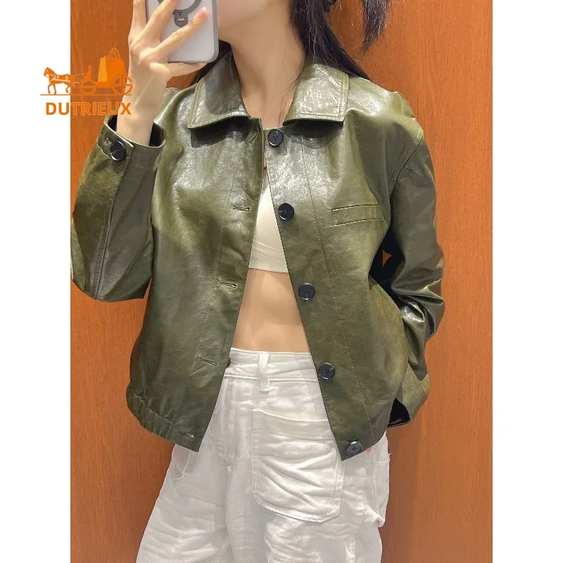 Giacca da donna in vera pelle dal design elastico in vita con risvolto autunnale, cappotto classico rigoro squisito ed elegante in vera pelle di pecora al 100%.