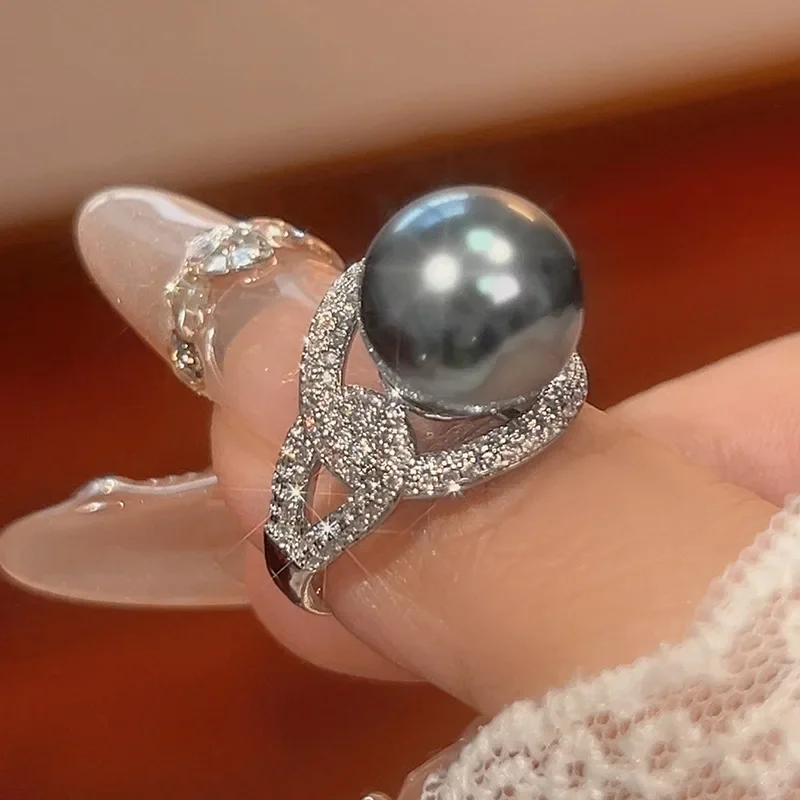 

Trendy Adjustable 12mm Round Cut Multicolor Pearl Ring Twisted CZ Embellished Design Women's Elegant Statement Jewelry Gift