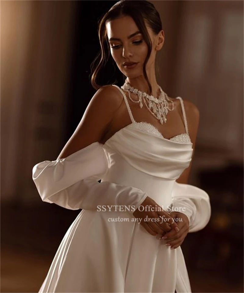 Ssytens vintage querida contas brilhantes cinta de espaguete cetim vestido de noiva longo a linha alta fenda espartilho volta vestidos de casamento civil