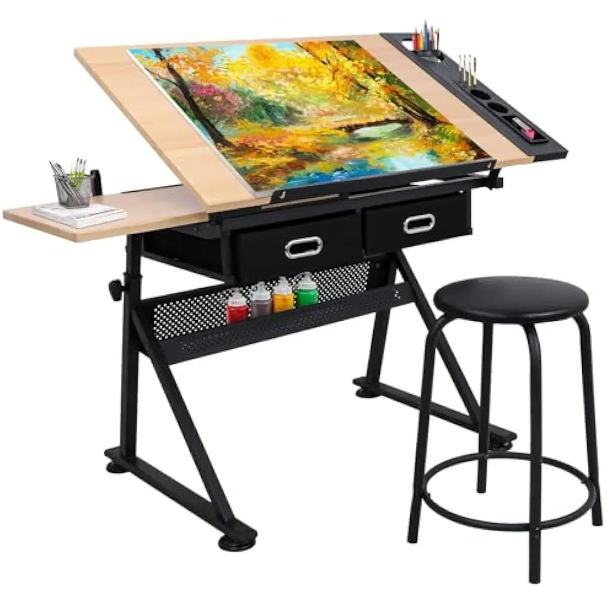 Adjustable drafting table with tilting desktop 0-45 degrees and six height positions from 27.95 to 35.83 inches modern metal fra