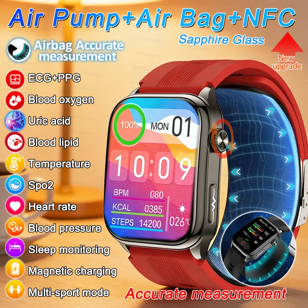

2026 New Upgrade Air pump airbag Blood pressure Measure Smart Watch ECG+HRV Blood Fat Uric acid NFC Men Women Health Smartwatchs