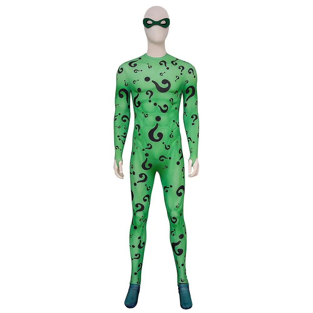 

Adult Men Jumpsuit Mask Headgear Outfits Tights Edward Nygma for Forever Batman Riddler Performance Role Party Clothes Suit