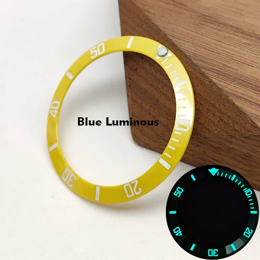 38mm sub moldura inserção azul luminoso anel de relógio caber skx007 sub caixa de relógio nh35 caso curvado cerâmica moldura inserção anel peças