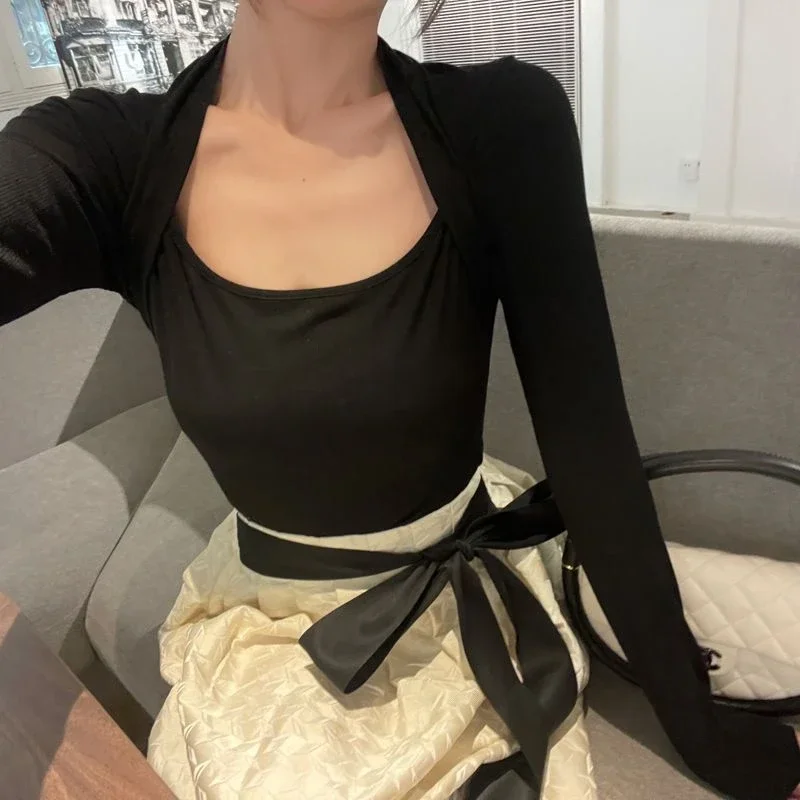 Women's High Waist Slim Long Sleeve Top and Skirt Suit, Ladies Temperament Bow Top, Autumn, Winter, Retro, 2 Pcs Sets, Fashion
