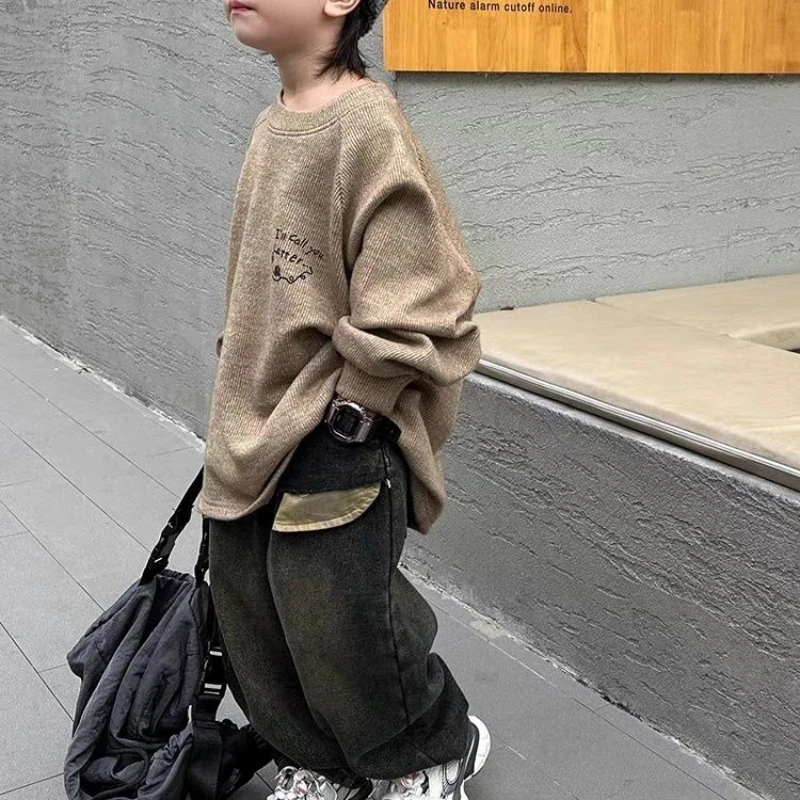 Boys Fleece Lined Jeans Korean Style Patchwork Denim Pants Autumn Winter Warm Thick Trousers Kids Long Pants
