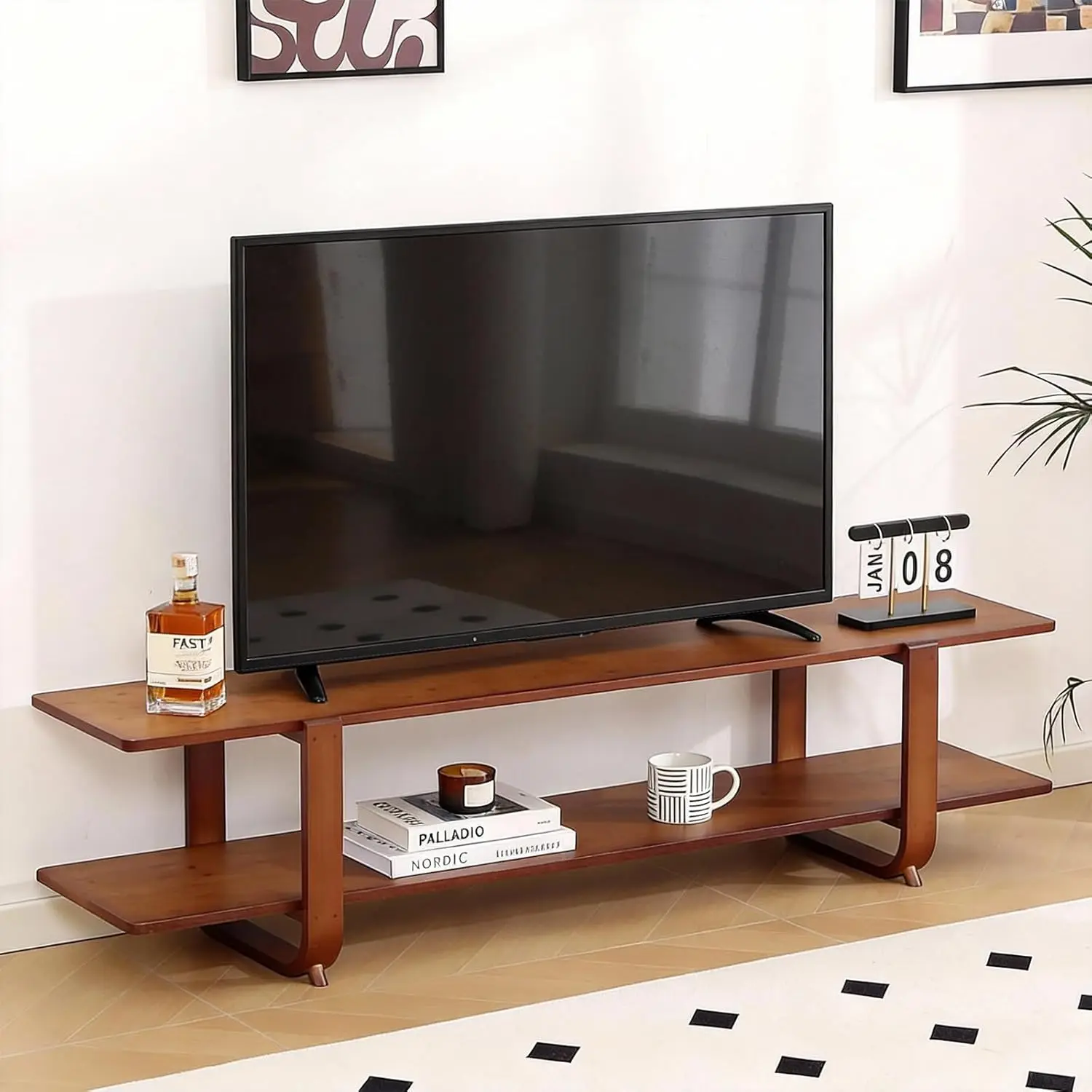 

Тумба под телевизор с местом для хранения, для телевизоров до 65 дюймов, бамбуковая ТВ-консоль, развлекательный центр с 2 открытыми полками, в стиле Mid-Century Modern M