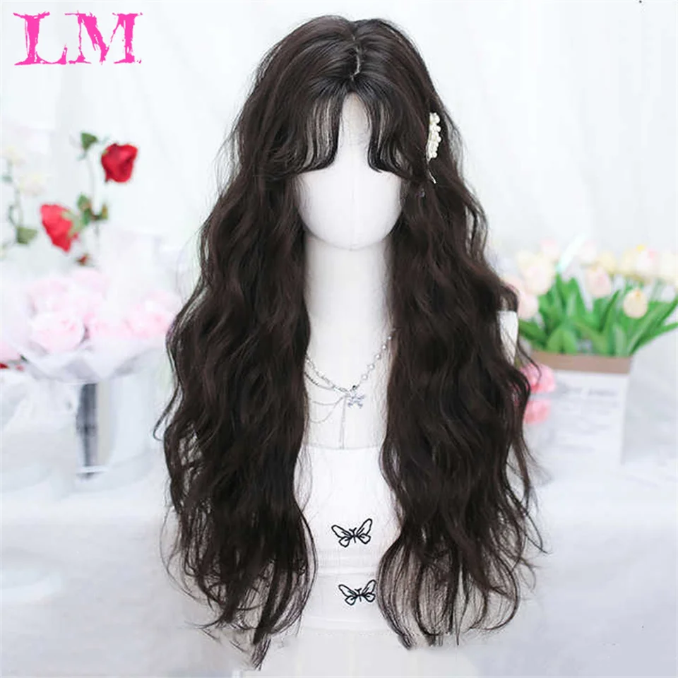 LM Brown Ash Long Deep Wave Hair Lolita Wigs With Bangs Synthetic Wig For Women Fashion Thick Curls Wigs Girl
