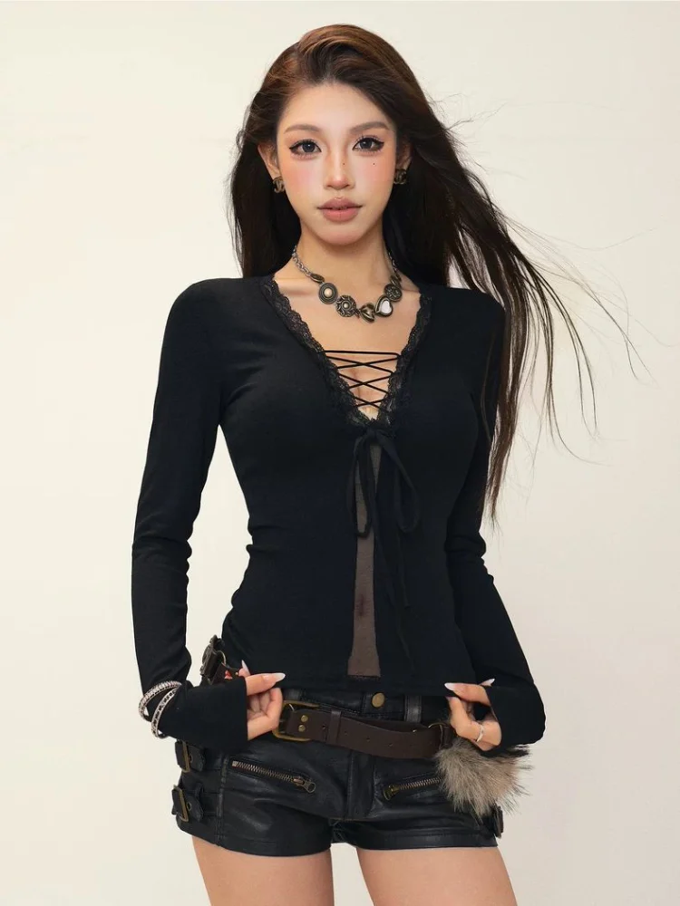 Sexy Lace Bandage V Neck Long Sleeve T-shirts Women Temperament Slim Fit Crop Top Korean Chic Simple Y2k Aesthetic Tees