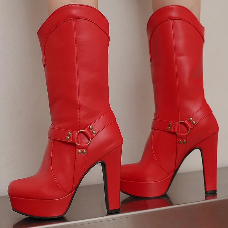 

Women's Red Mid-calf Boots Winter Autumn Shoes Platform Yellow Black Boot Water-proof High Heels Footwear Shoes Lady Big Size 50