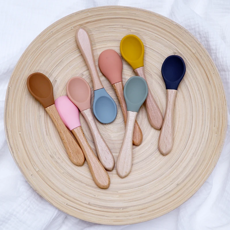 Feeding Wooden Handle Silicone Spoon For Baby Utensils Eat Soild Food Kids Training Manipulative Ability Children's Tableware