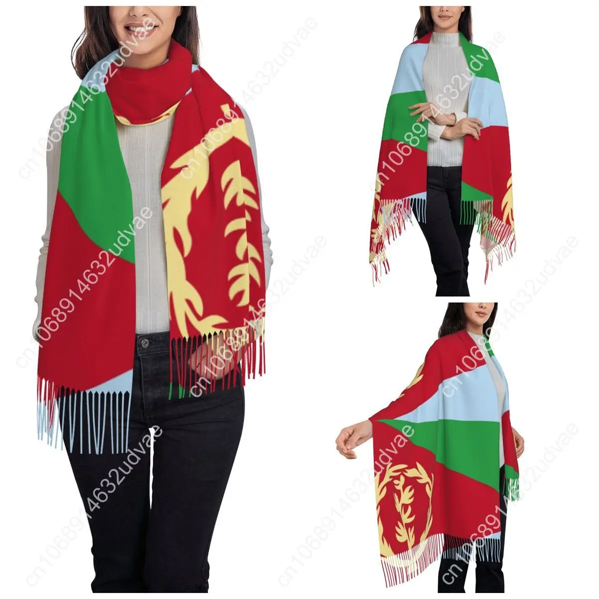 Syal Eritrea Bangga Bendera Eritrea untuk Wanita Syal Panjang Besar Hangat Syal Rumbai Pashmina