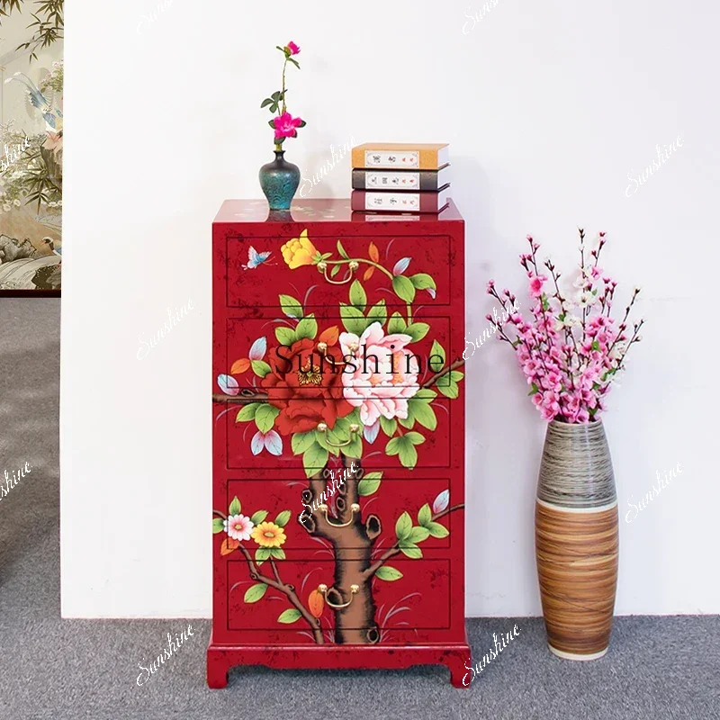 New Chinese solid wood painted bedside table five buckets bedroom storage drawer living room red sofa side cabinetYY