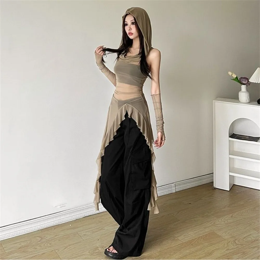 الكورية Y2K Ins قنديل البحر شبكة حزام تي شيرت شبكة على شكل الخصر شفافة سليم صالح القمم مطوي غير النظامية أشرطة كشكش هوديي