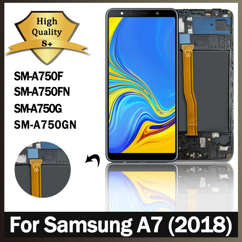 Toque Da Tela Digitador Peças De Reposição, Display Com Frame, Alta Qualidade, Fit Para Samsung A7 2018, A750, LCD, A750F, A750FN, 6.0