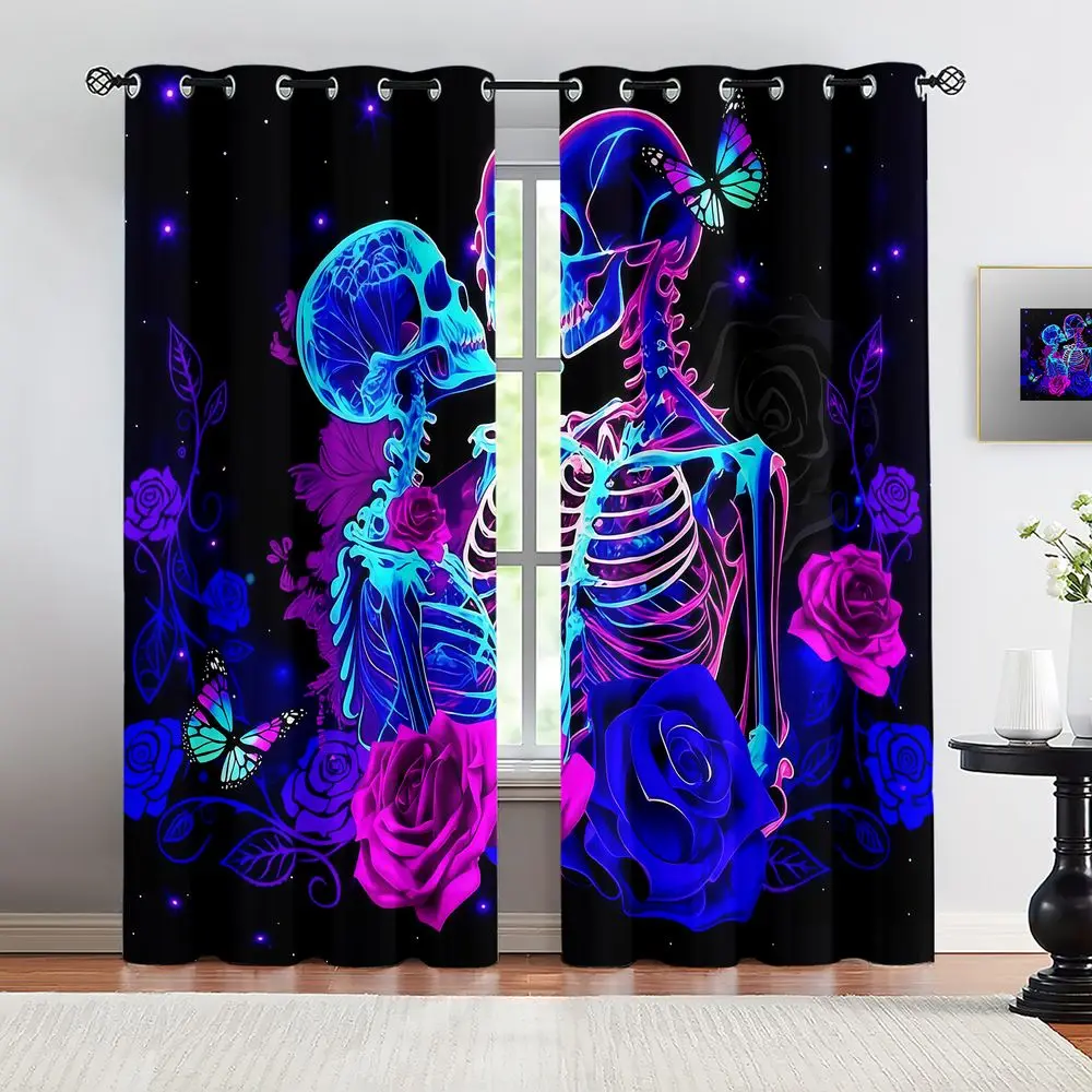 Neon Skeleton Rose Butterfly Printed Curtains 2 Panels Light Blocking Rate 85% Darkening Gothic Bedroom Window Curtains