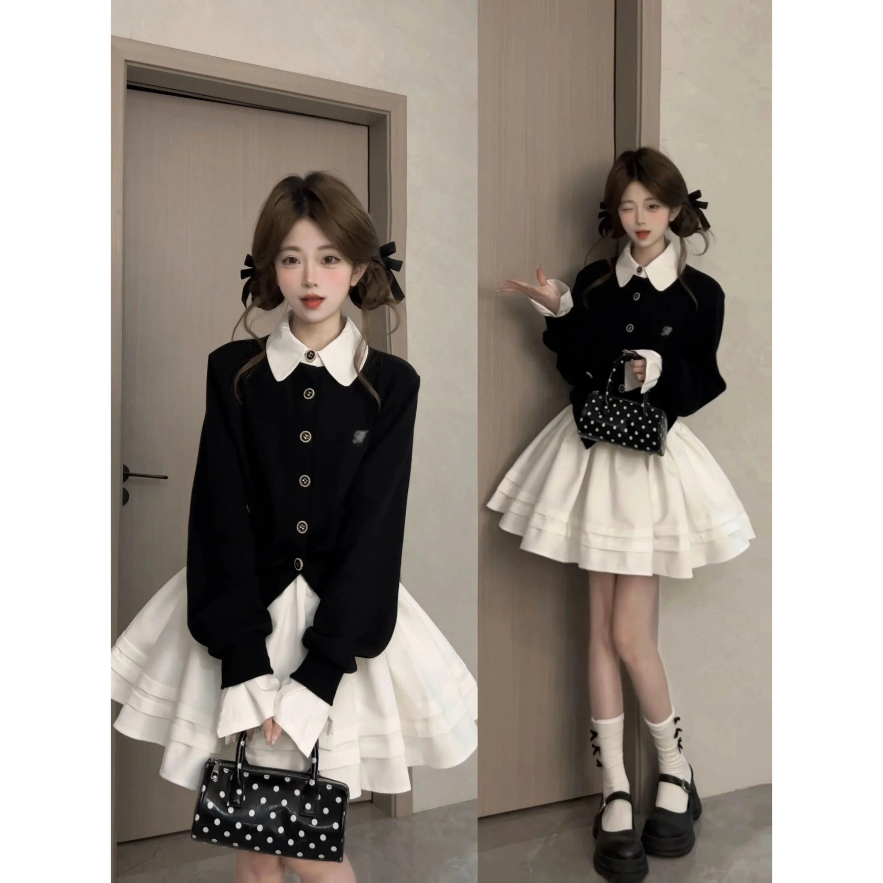 Korean College Style Color Block Fake Two-Piece Dress Women's Spring Autumn Elegant Plaid Skirt Whole Set City Walk Dress