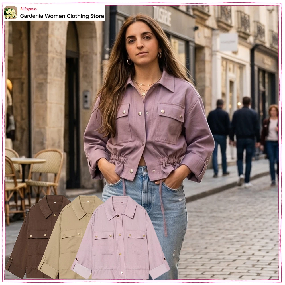 

Elegant Chic Women Cropped Rolled-sleeve Jackets New in Casual Buttoned Jackets with Patch Pockets and Adjustable Drawstring Hem