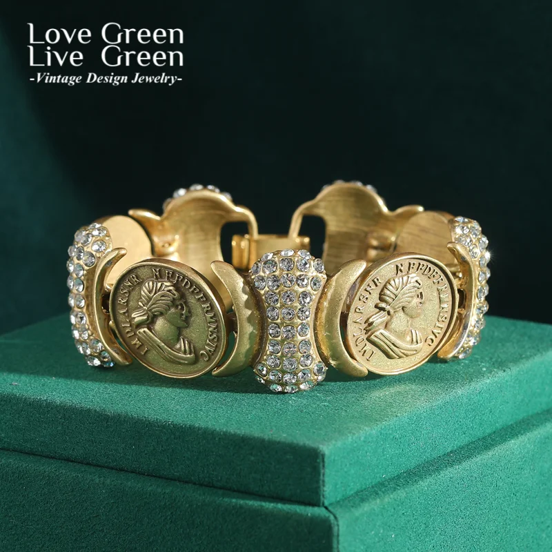 

Vintage Ancient Coins Bangle Avatar Carving Charm Bracelets For Women Retro Gothic Jewelry Pale Gold Color Accessories 2025 New