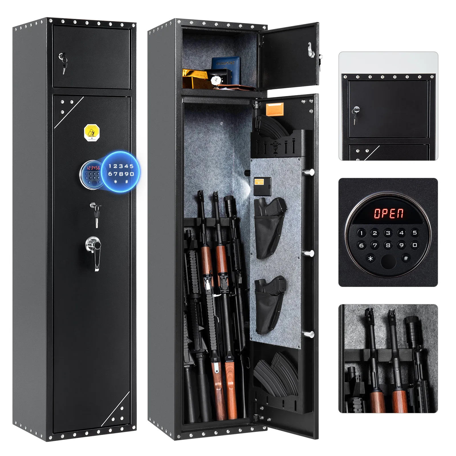 SE0107 6 Rifles Gun Safe Rifle Safe W/ Fingerprint and Digital Keypad Lock  Gun Storage Cabinet W/ Built-in Storage Locker