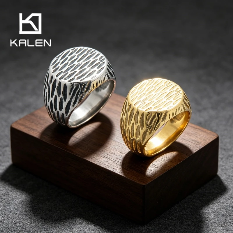 Kalen Punk Stainless Steel Signet Ring for Men Retro Hammered Dimple Texture Finger Anillos Women's Larger Band Jewelry Gifts