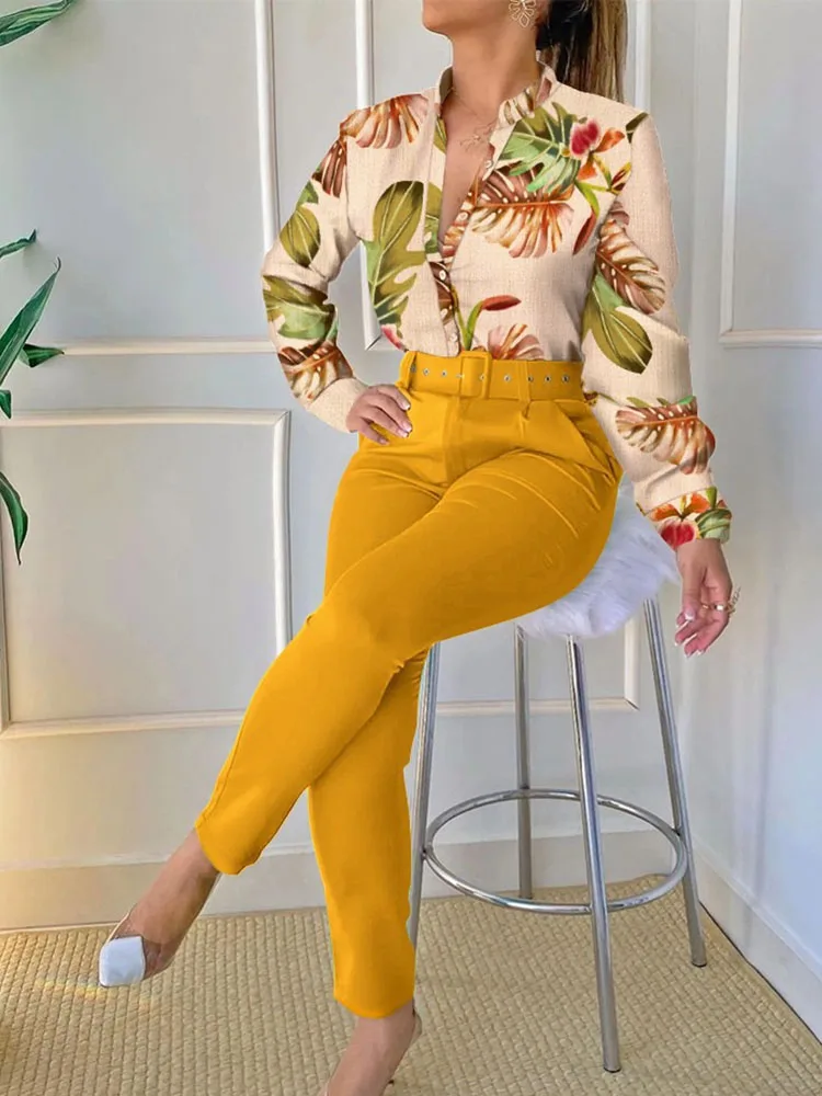 Spring New Printed Long Sleeved Shirt Suit Women\'s Slim Retro Stand Collar Pocket Small Foot Trousers Two Piece Set With Belt