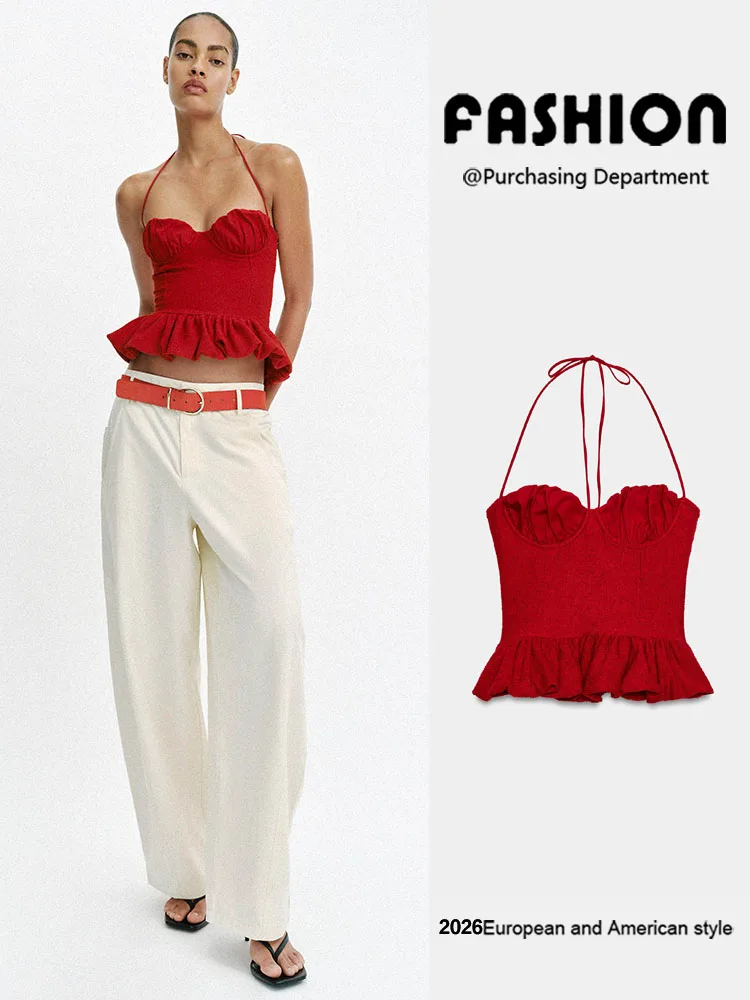 New Summer Women's Fashion Heart Collar Bead Wool Blend Halter Top Versatile Elegant Chinese Style Sleeveless Straight Hem Tunic