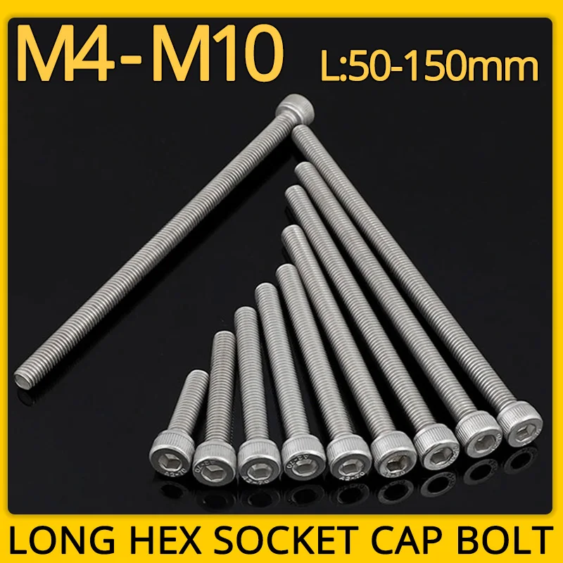 M3 M4 M5 M6 M8 M10 Hex Socket Bolt 304 Stainless Steel Full Tooth Cup Head Hexagon Allon Long Machine Screw Length 50-150mm