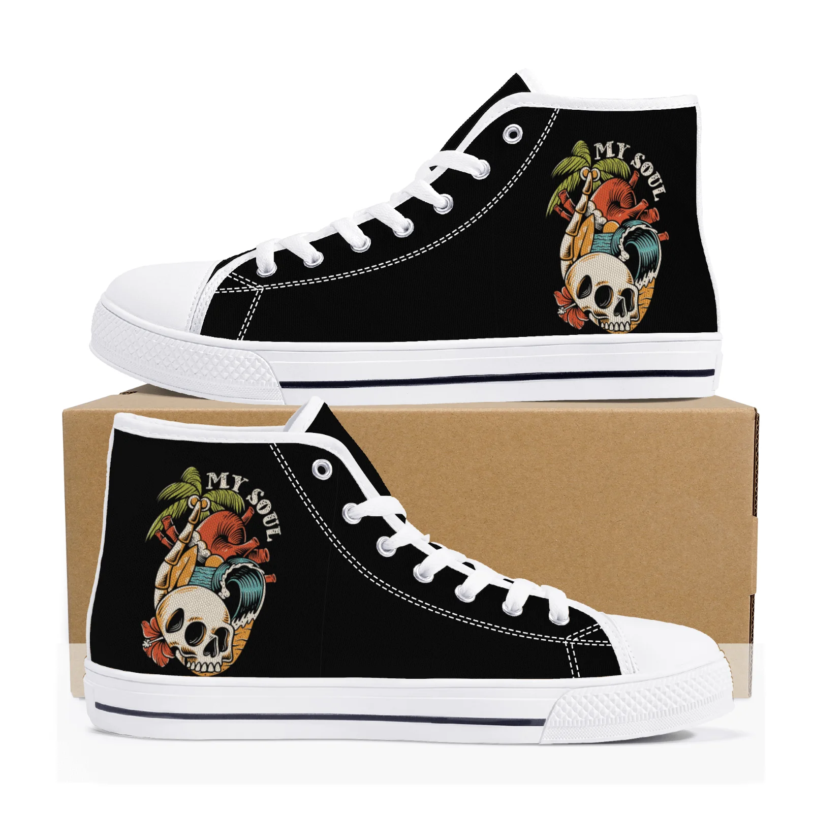 

Custom skull and heart emblem high-top canvas shoes, denim shoes, casual sneakers for boys and girls, Eur sizes 35-48