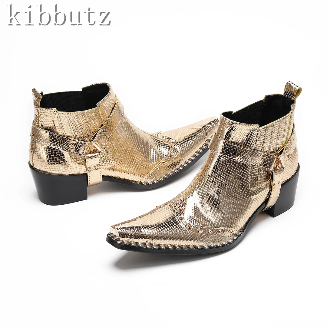 

Роскошный дизайн, золотые мужские ботинки челси, ботильоны на среднем каблуке с металлическим носком и заклепками, модная обувь для подиума для вечеринок