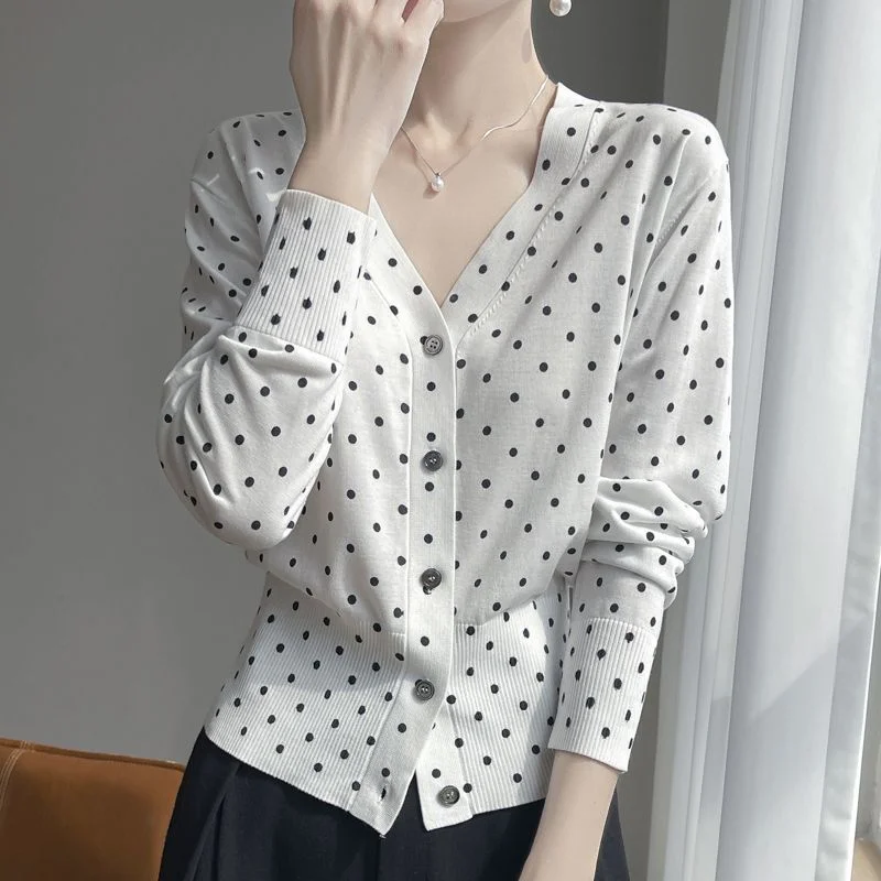 

Polka-dot Long-sleeved Cardigan Jacket for Women V-neck Short Loose Slimming Sweater Top