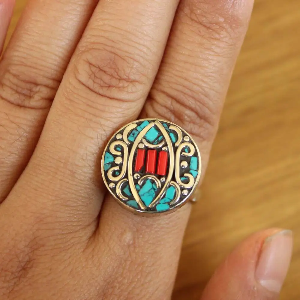 RG377 Handmade Nepal Jewelry Copper Inlaid Turquoises Coral Stone Oval Woman Open Back Adjustable Ring