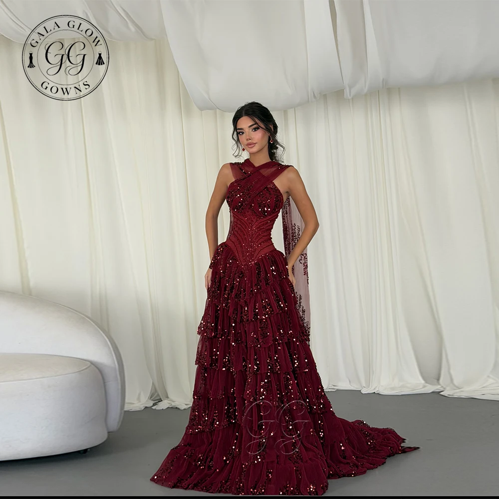 GalaG Halter Tiered Draped Prom Gowns A-Line Evening Dress Dubai Formal Party Sweep Train Sexy Elegant Prom Dress Custom