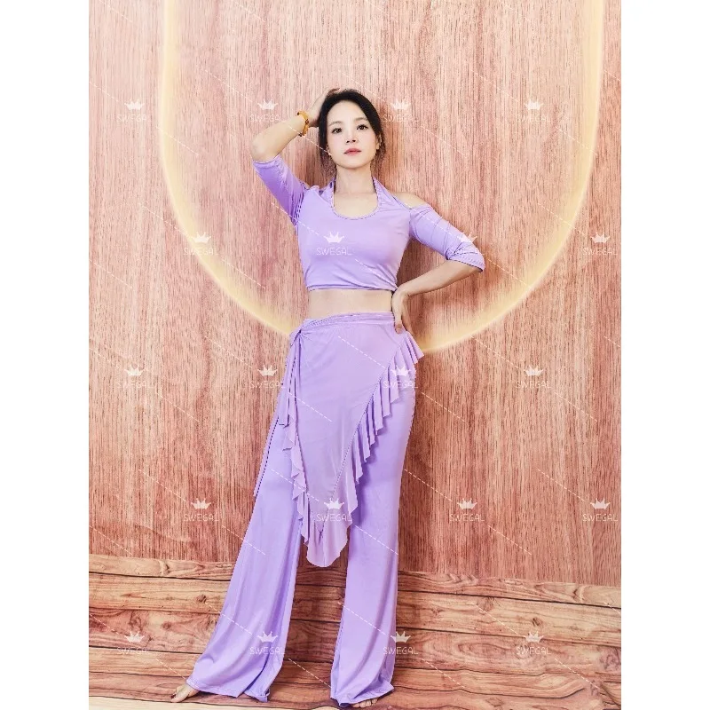 Costumes de danse du ventre personnalisés, vêtements d'entraînement, modal, épaules dénudées, haut à col suspendu, pantalons légèrement évasés, vêtements de danse