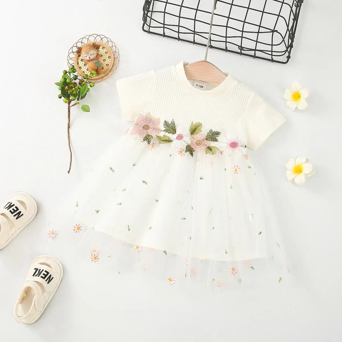 Baby Dress Cute Mesh Embroidered Short Sleeve Children's Princess Dress Party Dress Suitable for 0-2 Year Old Babies