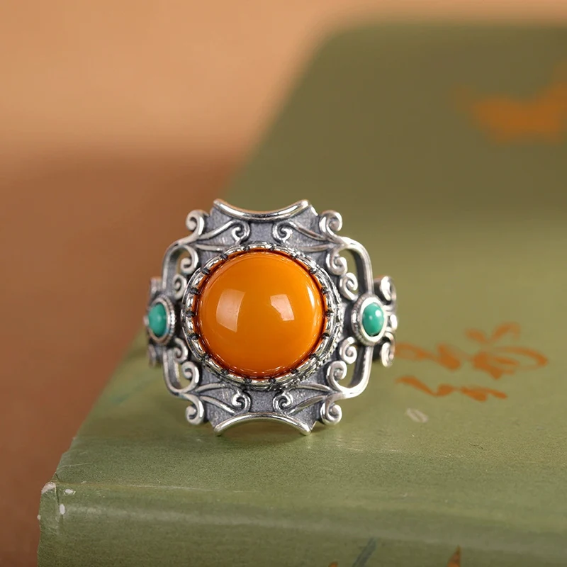 Retro Artistic Ring For Women Thai Silver Inlaid Beeswax Rings Ethnic Style Versatile Ring for Men Unique Jewelry KOFSAC
