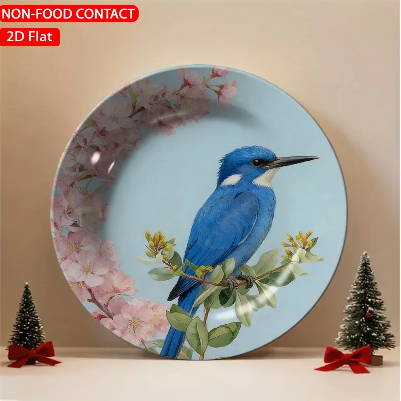 1pc Vintage Watercolor for Blue Bird & Blossom Ceramic Plate - Non-Food Contact Suitable for Home Desk Decor, Easter Table
