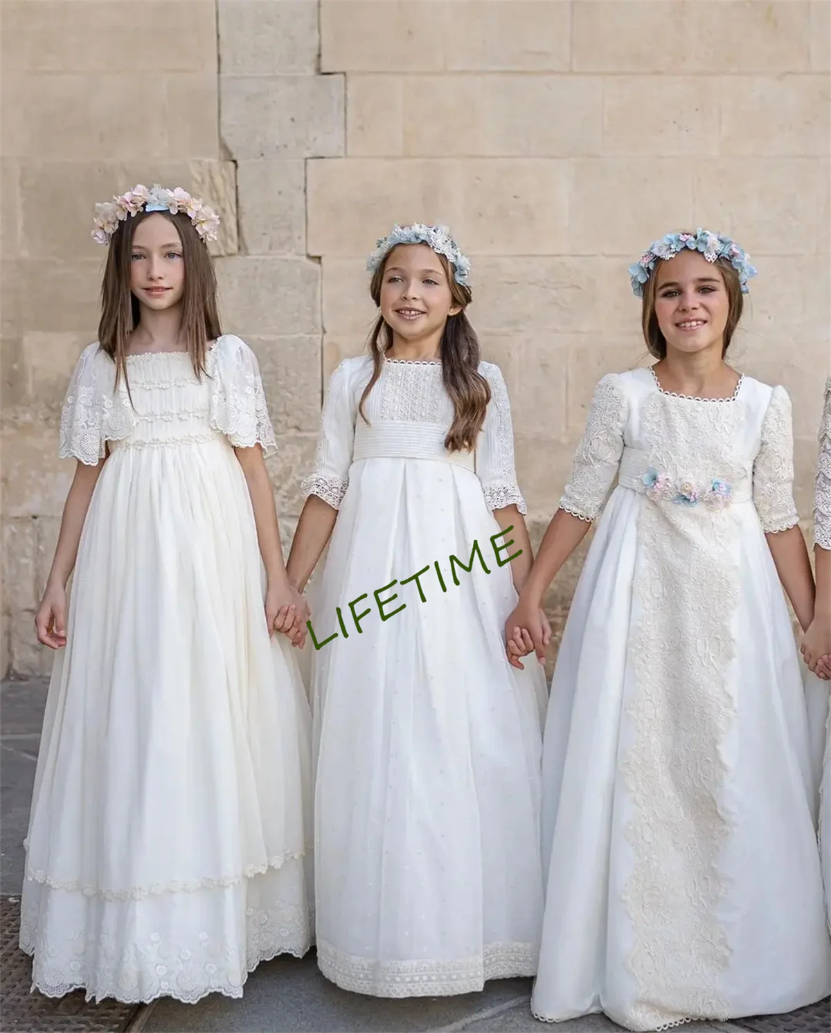 Vestido blanco de comunión para niña, cinturón de cinta de encaje de princesa Vintage, vestido de algodón de línea A, fiesta de boda para dama de honor Bridemini