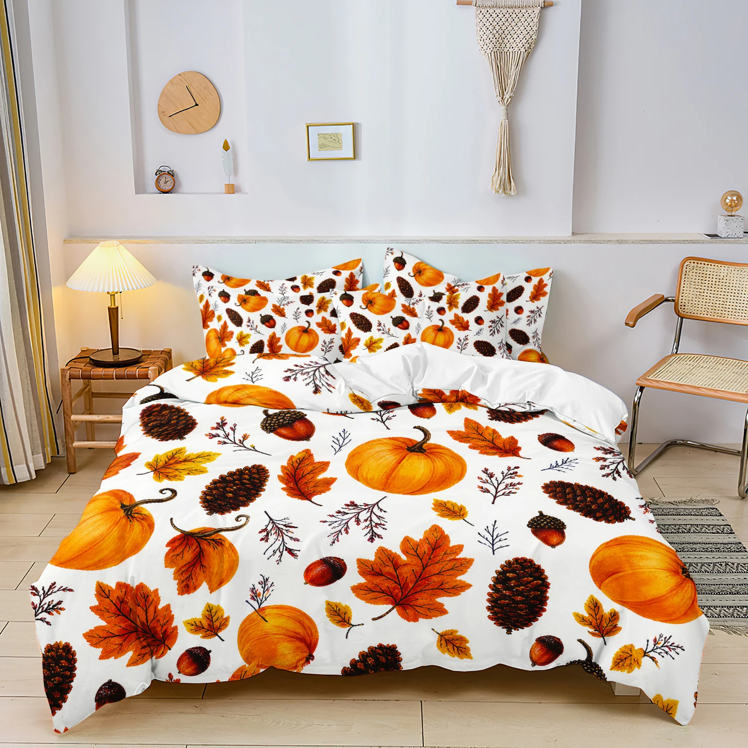 3Pcs White Fall Pumpkin Maple Leaf Duvet Cover Set, Pumpkin Maple Leaf Pinecone Acorn Pattern, Thanksgiving Bedroom Decoration
