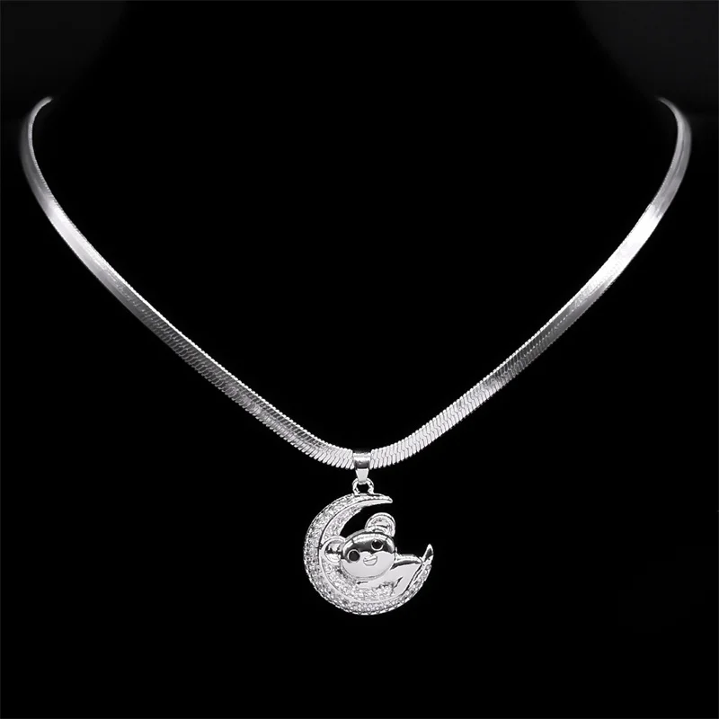 Cute Teddy Bear Lying on Crescent Moon Necklace Women Stainless Steel Snake Chain Necklaces Valentine's day gargantilla mujer