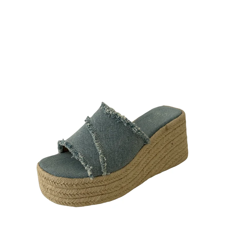 

Blue Heels Summer Slippers Woman Cowboys Wedges Shoe White Chunky Platform Heels Sandals Leisure Beach Shoes