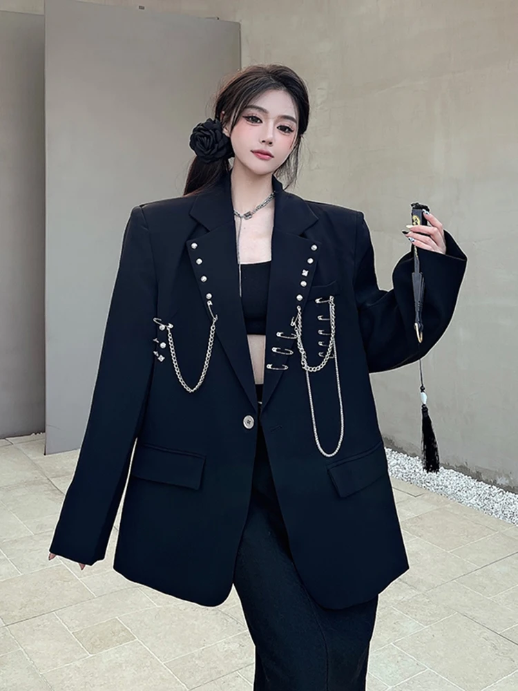 Women Loose Blazer Jacket with Metal Chain Niche Design Streetwear Chic Suit Jackets Harajuku Retro Commute Coat