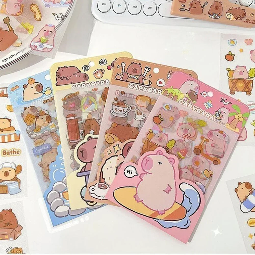 4 Sheets Cute PET Capybara Sticker Scrapbooking Handbook Material DIY Decorative Stickers Stationery