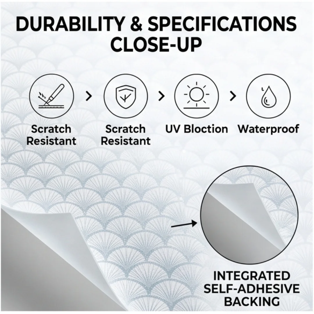 Self‑Adhesive Window Film Fish Scale Shell Texture Frosted Glass Sticker Privacy Protection Decorative Window Sticker for Home B
