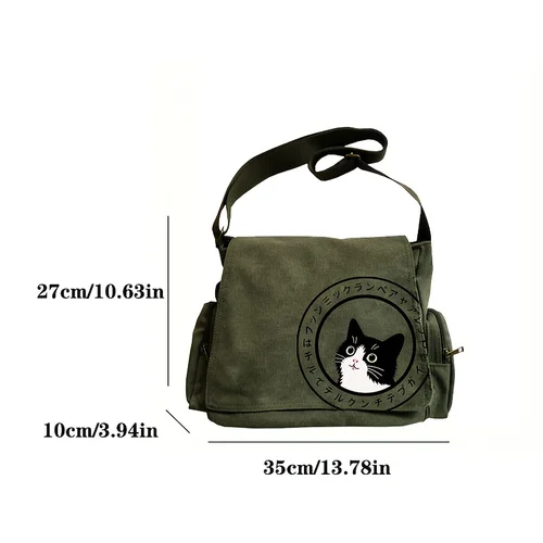 Imagen 2 del producto Bandolera de hombro con estampado de gato encantador para mujer con múltiples bolsillos, bolso cruzado de lona Retro, Unisex
