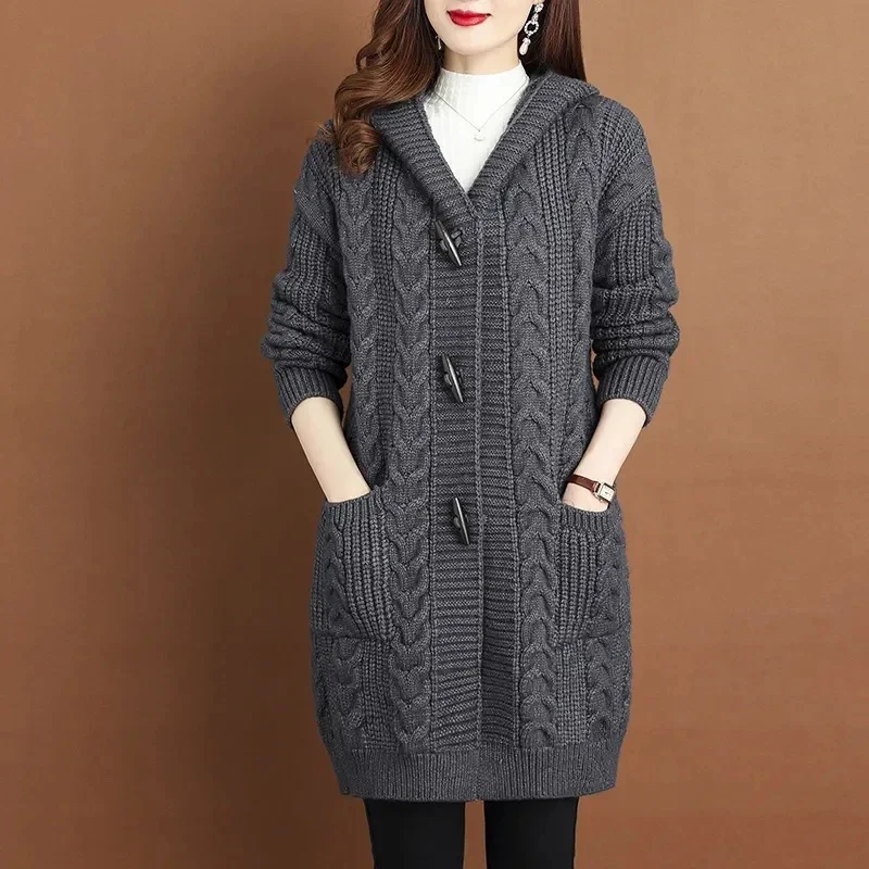 5XL Large Size New Autumn Winter Thicken Sweaters Fashion Hooded Knitted Outerwear Women\'s Cardigan Sweater Knitting Jacket V934