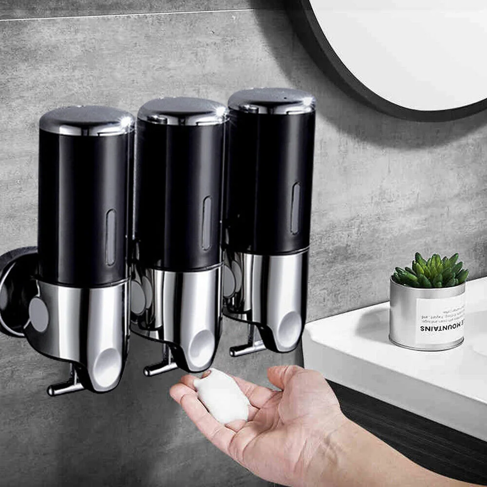 

Soap Dispenser Wall Mounted 3-Chamber Bathroom Shower Hand Shampoo Gel Lotion Storage Container Black