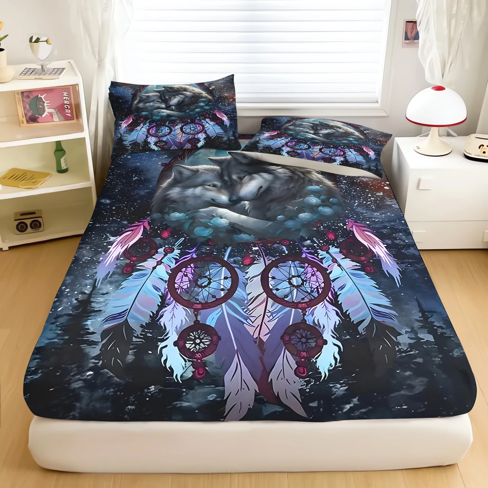 3D Galaxy Dreamcatcher Wolf Howling at Moon Couple Bedding Set Duvet Cover Pillowcase Bedroom Home Decor