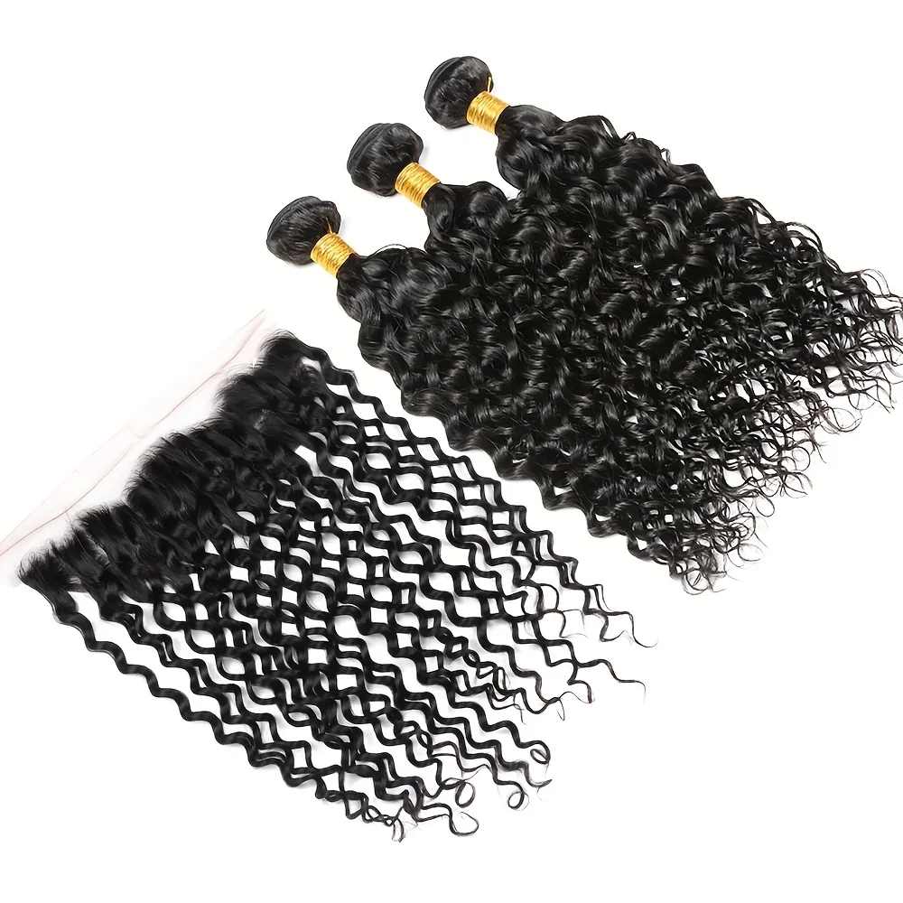 حزمة شعر بشري مموج مائي مع حزمة نسج شعر برازيلي أمامي من الدانتيل مع إغلاق أمامي من الدانتيل الشفاف مقاس 13 × 4